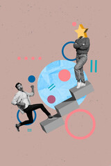 Aufkleber - Surreal collage of person run winner steps to head star on brown color background