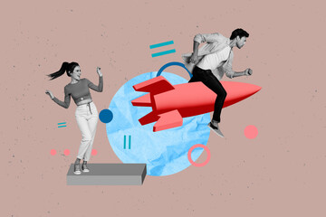 Poster - Banner trend collage of workers people stand steps fly rocket on brown color background
