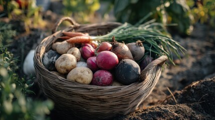 Aufkleber - Wicker basket filled with freshly harvested organic potatoes carrots beets and green onions on garden soil