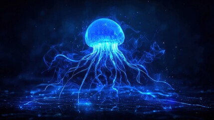Poster - Ethereal blue smoke rises in graceful tendrils against a dark background. The glowing mist creates an artistic and futuristic effect.