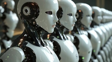 Poster - A lineup of futuristic humanoid robots showcases cutting-edge technology and innovation in a modern setting. Ideal for themes of automation and design.