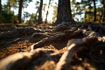 Tree roots intertwine ground in sunlit forest, creating natural textures outdoors