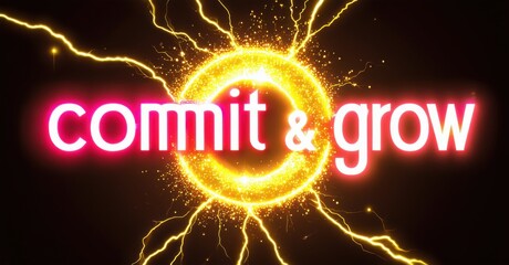 Aufkleber - Bright text reads comit grow surrounded by glowing energy, sparks, dark background. Positive message, dynamic visual impact.