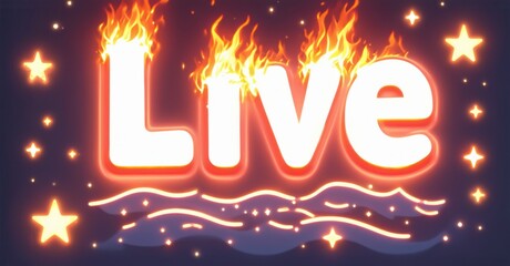 Fototapete - Bright word Live engulfed flames, stars sparkle. Red glow emanates from text, wavy lines below. Festive, energetic visual.