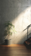Aufkleber - Plant in gray pot against concrete wall with wooden floor and stairs, showcasing minimalist interior design concept, ideal for home decor or architecture websites