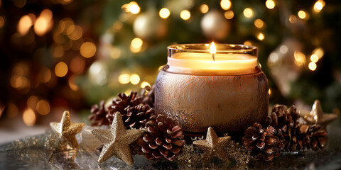 Poster - Burning candle in bronze container, surrounded by pine cones and gold stars, set against a bokeh background of warm lights, showcasing a cozy and festive ambiance ideal for holiday greetings