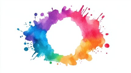 Poster - Vibrant circular watercolor frame with artistic splashes in rainbow hues, creative abstract design.