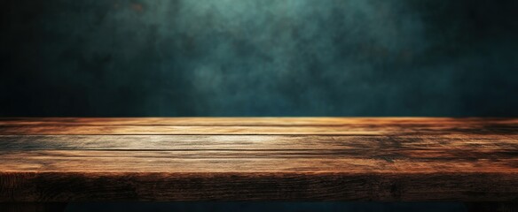Poster - A rustic wooden table surface featuring a dark background and soft lighting, perfect for showcasing products or creating an inviting ambiance in photography.