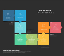 Poster - Colorful Multipurpose Timeline Template made from color square content blocks. Simple eight steps time line infogrchart template made from color blocks and sample content on dark background