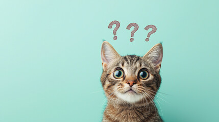 Naklejka na meble Cute confused cat with big eyes and question marks above its head, minimalistic pastel background