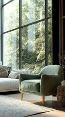 Poster - Green armchair in modern room near large window with sunlit trees outside, showcasing tranquil interior design, ideal for home decor or lifestyle concepts