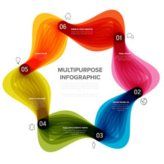 Poster - A vibrant multipurpose infographic with six segments in gradient colors from red to green, incorporating icons, text placeholders, and a wavy design for creative data presentation.