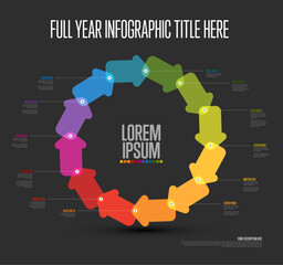 Poster - A vibrant circular infographic featuring multi-colored twelve arrows linked in a ring. Each arrow includes labels for information, perfect for presenting year-long data or processes.
