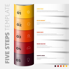 Poster - A vibrant five-step infographic template with gradient colors. Each step is highlighted with a unique color and contains text placeholders for customization.