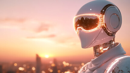 Poster - Futuristic robot stands with glowing visor in sunset backdrop. City skyline creates a vibrant urban setting, showcasing advanced technology and innovation