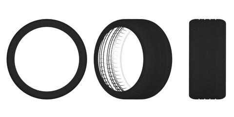 Poster - A tire is shown in three different views. The tire is black and has a white rim. The tire is shown from the side, top, and bottom