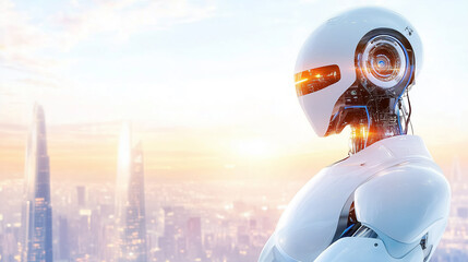Poster - Futuristic humanoid robot stands thoughtfully against vibrant city skyline during sunset. Clear orange and blue horizon with modern skyscrapers. Concept of technology, innovation, robotics