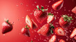© Александр Марченко - Fresh strawberries and slices floating with water drops on red background