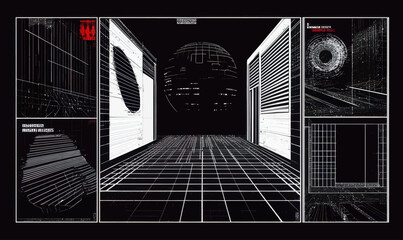 Poster - Modern Y2K Futuristic Design with Cyberpunk Wireframe and Perspective Grid