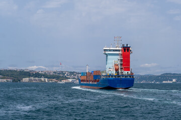 Poster - Container ship navigating the Bosphorus Strait, showcasing vibrant blue and red colors against the scenic Turkish landscape