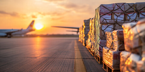 Poster - Cargo pallets at sunset on an airport tarmac, showcasing global trade and logistics, representing efficiency and international connectivity