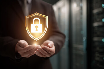 Poster - Glowing golden shield with padlock icon held in hands, symbolizing digital security and data protection, showcasing online safety and cyber security concept