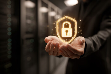 Poster - Glowing digital shield and padlock held in hands, symbolizing data protection and cybersecurity, showcasing a concept of online safety and security