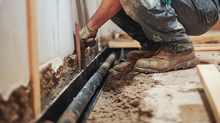 Wall Mural - Plumber installing drain system in kitchen renovation. Featuring plumbing installation and kitchen remodeling