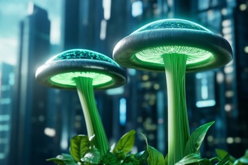 Poster - A futuristic city where plants grow from holographic seeds, forming glowing gardens in the air