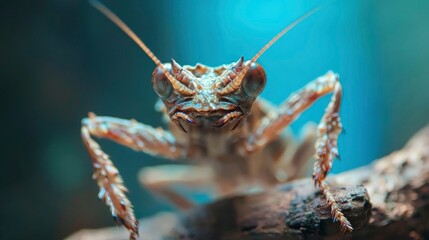 Praying Mantis Resting on Branch, Close-up Insect Portrait, Teal Background