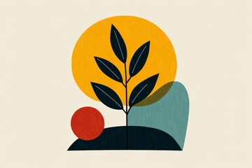 Wall Mural - A minimalist geometric illustration of a branch with a single autumn leaf, modern and elegant