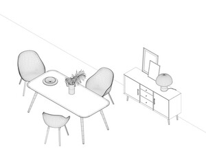 Poster - A room with a table and chairs, and a couch. The table is surrounded by three chairs. Isometric view