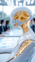 Poster - Futuristic humanoid robot with illuminated circuits sitting in modern conference room. Team of professionals in background engaged in collaboration