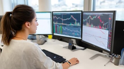 Poster - Financial Analyst at Work: A focused young woman, financial analyst, intently studies multiple stock market graphs displayed across three monitors.  She is deeply immersed in her work.