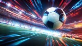 soccer ball in motion, stadium, lights, dynamic, speed lines 