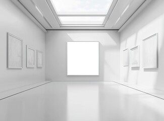 Poster - A large white wall with an empty square frame in the middle, set in a clean and modern art gallery interior. The room has a concrete floor and a skylight that adds natural light to create a bright