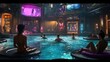 © arie - Futuristic indoor pool party scene in a lavish cyberpunk establishment.
