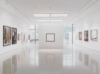 Poster - A large white wall with an empty square frame in the middle, set in a clean and modern art gallery interior. The room has a concrete floor and a skylight that adds natural light to create a bright