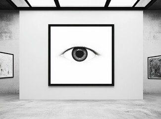 Poster - A large white wall with an empty square frame in the middle, set in a clean and modern art gallery interior with soft lighting and a skylight. The room is spacious, with a polished concrete floor .