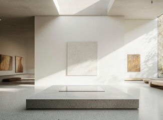 Poster - A large white wall with an empty square frame in the middle, set in a clean and modern art gallery interior with soft lighting and a skylight. The room is spacious, with a polished concrete floor .