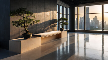Poster - Modern minimalist interior with two bonsai trees, a bench, and large windows showcasing a city skyline at sunset, conveying serenity and sophistication