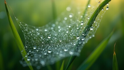 Dew-Kissed Web: A delicate spiderweb adorned with water droplets on a lush green grass blade.