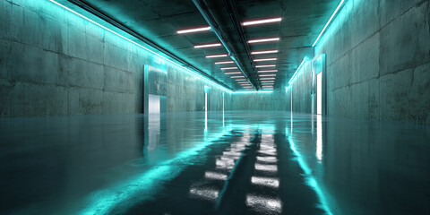 Poster - Reflective floor in a long, teal-lit concrete corridor, showcasing a modern, minimalist design ideal for futuristic or sci-fi concepts