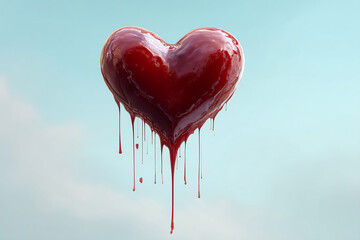 Aufkleber - Red heart shape, glossy texture, dripping liquid, light blue background, Valentines Day symbol, love, passion, romance, free space