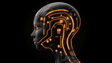 Poster - futuristic humanoid head with glowing circuits and intricate details, showcasing technology