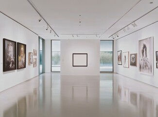 Poster - A white wall with an empty square frame in the middle of a modern art gallery, with soft lighting and a sleek concrete floor. The room is spacious and bright, with various framed paintings.