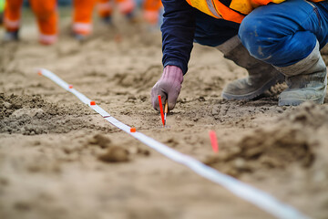 Wall Mural - Surveyor marking boundary lines for construction site. Featuring land surveying and site preparation