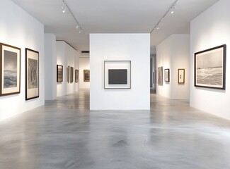 Poster - A white wall with an empty square frame in the middle of a modern art gallery, with soft lighting and a sleek concrete floor. The room is spacious and bright, with various framed paintings.