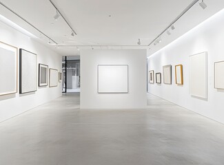 Poster - A white wall with an empty square frame in the middle of a modern art gallery, with soft lighting and a sleek concrete floor. The room is spacious and bright, with various framed paintings.