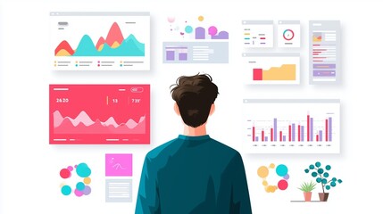 Poster - Individual analyzing colorful data visualizations in a modern workspace